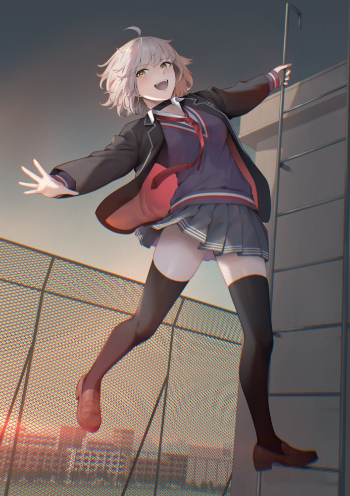 1girl, ahoge, black_jacket, black_thighhighs, blue_sweater, breasts, brown_shoes, chain-link_fence