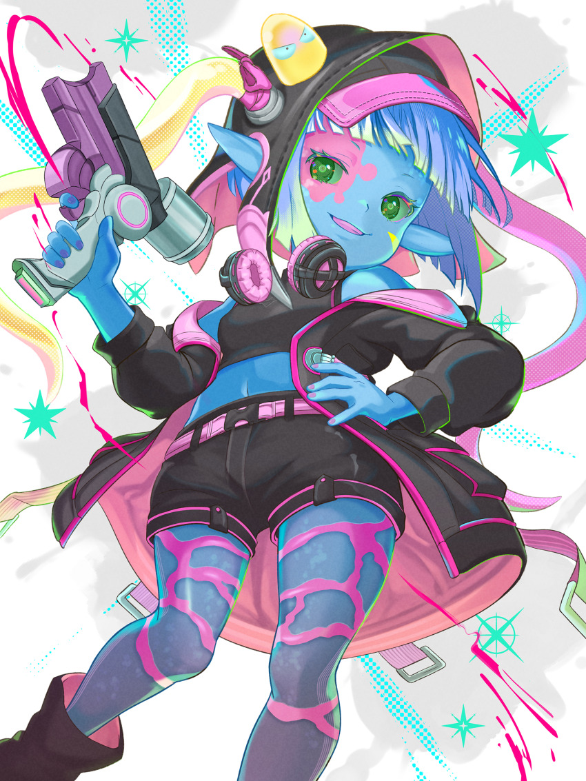 1girl, absurdres, bare_shoulders, belt, black_coat, black_tank_top, blue_hair, blue_skin