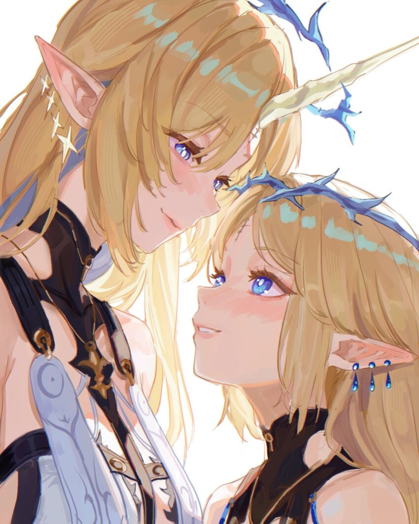 2girls, black_collar, blonde_hair, blue_eyes, blue_hair, cartethyia_(wuthering_waves), closed_mouth, collar