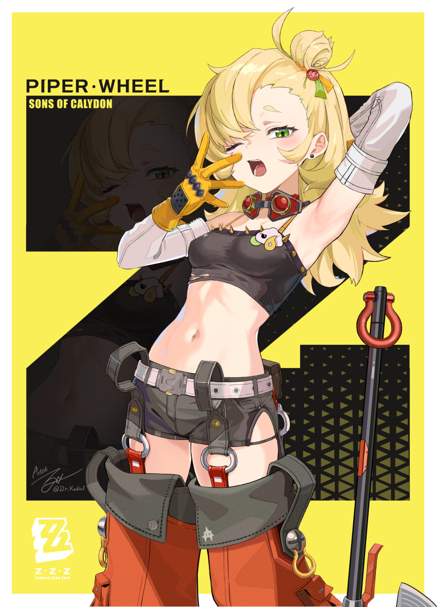 1girl, absurdres, armpit_focus, armpits, bare_shoulders, black_shorts, blonde_hair, breasts, camisole, character_name, commentary, cowboy_shot, crop_top, green_eyes, hair_bun, highres, kadiel, loli, long_hair, looking_at_viewer, midriff, navel, open_mouth, piper_wheel, short_shorts, shorts, small_breasts, standing, stomach, yellow_background, zenless_zone_zero, zoom_layer