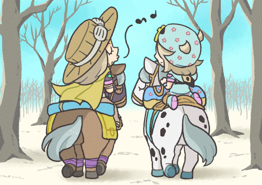 2boys, absurdres, beanie, blonde_hair, blue_hoodie, blue_sky, brown_hat, cape