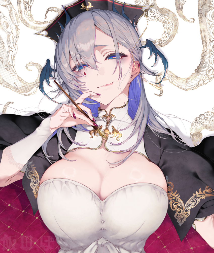 1girl, :q, asymmetrical_bangs, black_cloak, blue_eyes, breasts, cleavage, cleavage_cutout