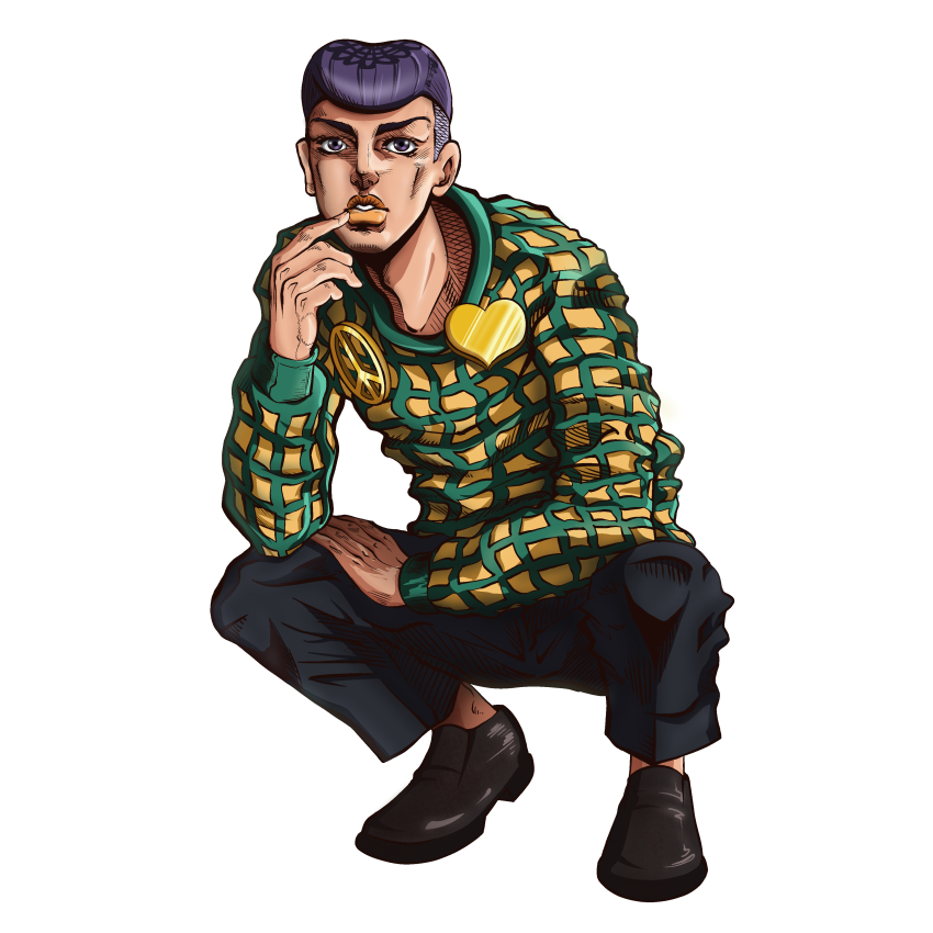 1boy, absurdres, araki_hirohiko_(style), black_pants, brooch, brown_shoes, checkered_clothes, checkered_shirt