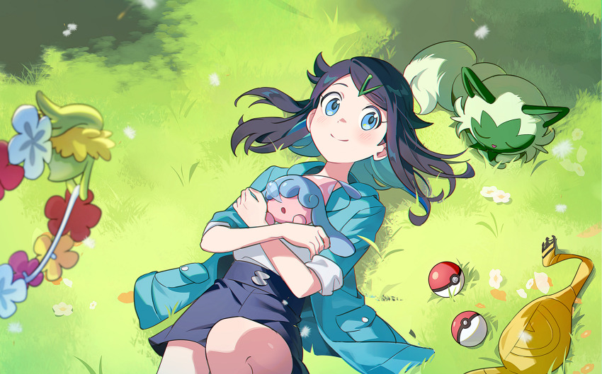 1girl, bag, black_hair, black_shorts, blue_eyes, blue_jacket, cheese_(yongggam), closed_mouth