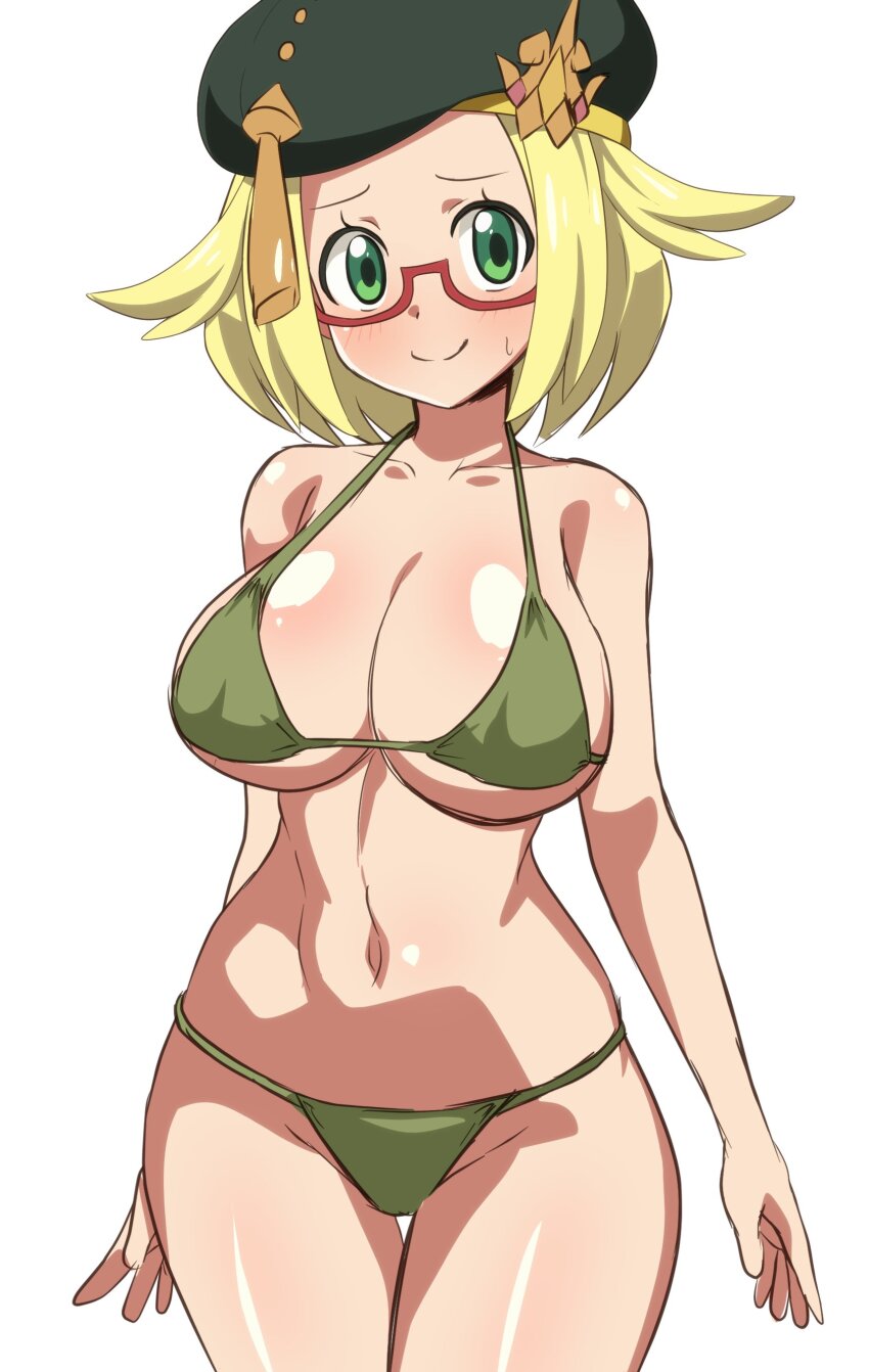absurdres, alternate_costume, bianca_(champion)_(pokemon), bianca_(pokemon), bikini, breasts, glasses, green_eyes, highres, large_breasts, nintendo, pokemon, pokemon_masters_ex, simple_background, solo, swimsuit, yugo-eti