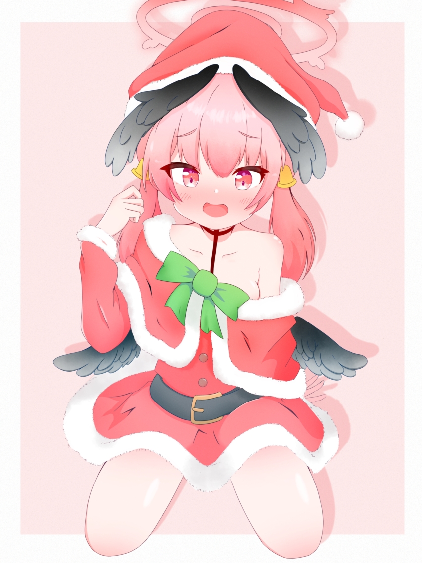 1girl, absurdres, angel_wings, bare_shoulders, bell, belt, bird_wings, black_wings