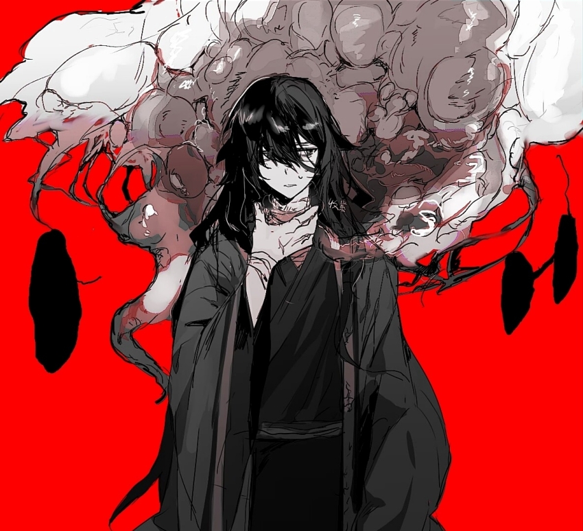 1boy, 1other, bandaged_neck, bandaged_wrist, bandages, black_eyes, black_hair, blank_speech_bubble