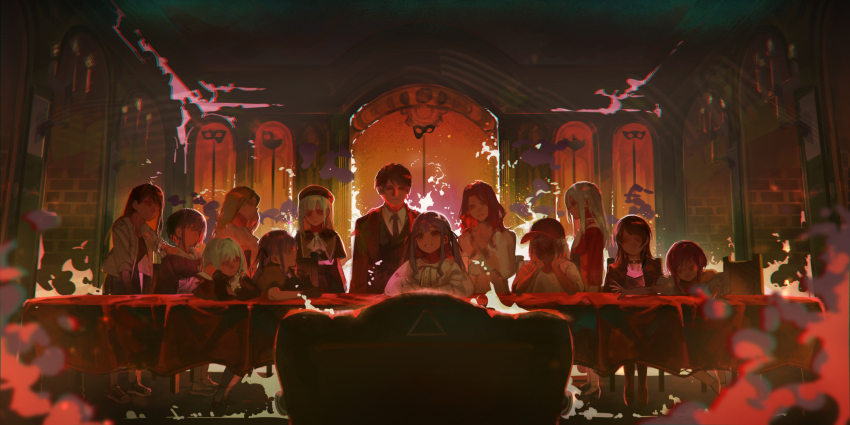 1boy, 6+girls, bang_dream!, bang_dream!_it's_mygo!!!!!, baseball_cap, black_choker, black_gloves, black_jacket, blue_dress, blue_hair, blue_hoodie, brick_wall, brown_hair, choker, collared_shirt, commentary, dress, dual_persona, english_commentary, father_and_child, father_and_daughter, fine_art_parody, fire, gloves, green_hair, grey_hair, grey_shirt, grin, hair_ribbon, hat, highres, hood, hoodie, indoors, jacket, kouhiipan, long_hair, long_sleeves, mask, misumi_uika, mortis_(bang_dream!), mortis_(costume)_(bang_dream!), mortis_(persona)_(bang_dream!), mother_and_child, mother_and_daughter, multiple_girls, nagasaki_soyo, necktie, oblivionis_(bang_dream!), off-shoulder_shirt, off_shoulder, parent_and_child, parody, purple_hair, red_hat, ribbon, shiina_taki, shirt, short_hair, short_sleeves, sitting, smile, standing, suit_jacket, table, takamatsu_tomori, the_last_supper, togawa_kiyotsugu, togawa_mizuho, togawa_sakiko, two_side_up, unworn_mask, wakaba_mutsumi, white_shirt, yahata_umiri, yuutenji_nyamu