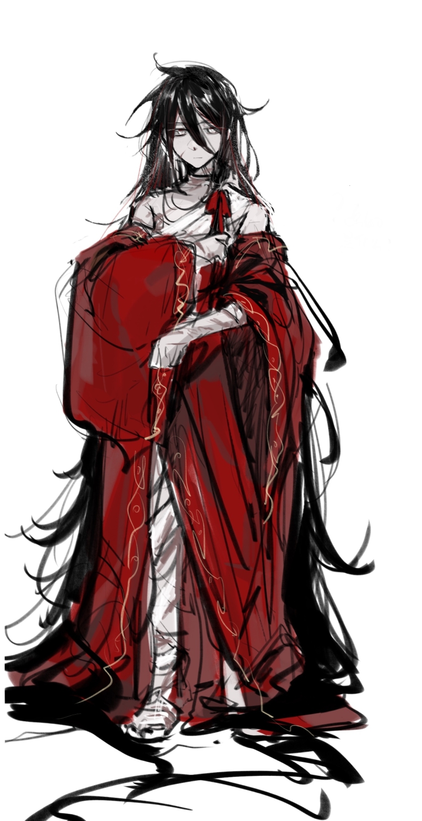 1boy, absurdly_long_hair, alternate_hair_length_(longer), bandaged_arm, bandaged_foot, bandaged_leg, bandaged_neck, bandaged_torso