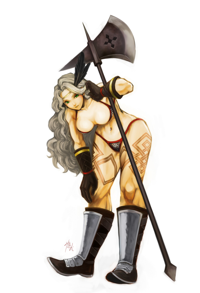 1girl, amazon_(dragon's_crown), armor, axe, bikini_armor, boots, breasts, circlet, dragon's_crown, feathers, female_focus, gloves, green_eyes, halberd, long_hair, muscular, navel, polearm, sangatsu_(threemoon-tei), solo, tattoo, vanillaware, weapon