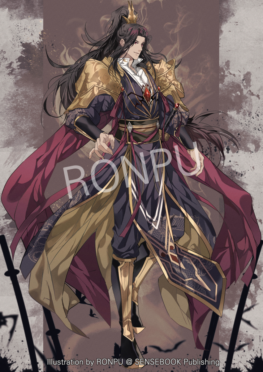 1boy, armor, armored_boots, black_boots, black_hanfu, black_pants, black_sash, boots