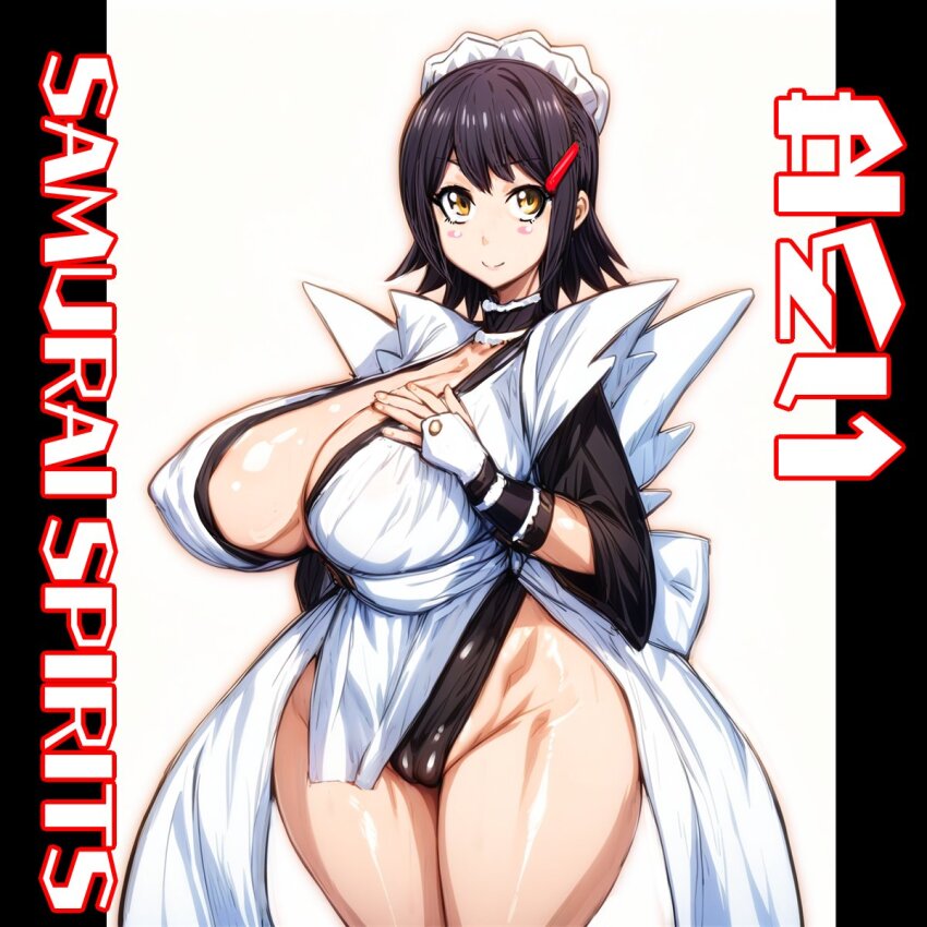 1girl, :>, alternate_breast_size, black_hair, blush, blush_stickers, breasts, brown_hair, character_name, curvy, hand_on_own_chest, highleg, highleg_leotard, highres, huge_breasts, iroha_(samurai_spirits), legs_together, leotard, maid, maid_headdress, miyawoo, revealing_clothes, samurai_spirits, shiny_skin, skin_tight, smile, standing, thong_leotard, unconventional_maid, wide_hips