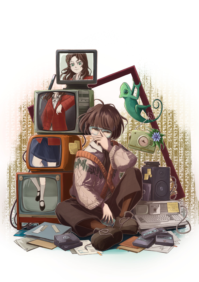 2girls, absurdres, adjusting_eyewear, binary, blue_eyes, blue_skirt, brown_hair, brown_pants