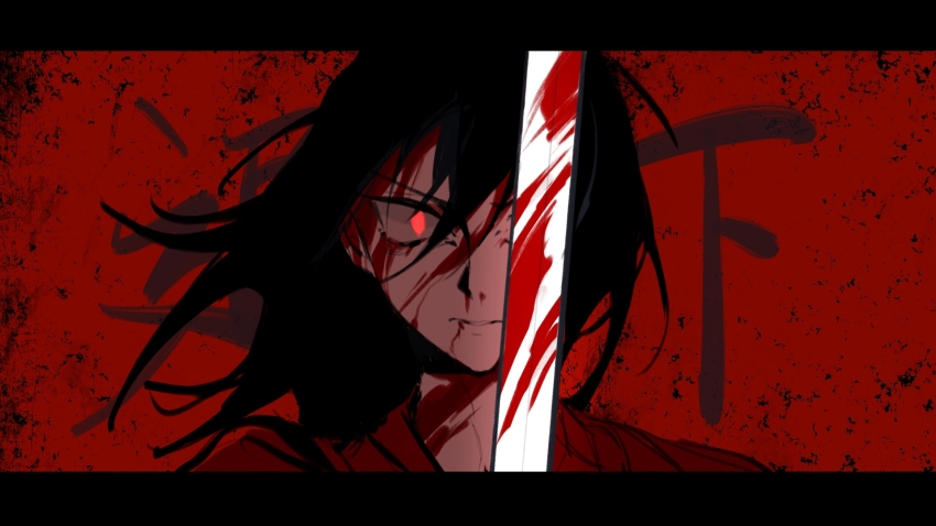 1boy, black_hair, bleeding, blood, blood_on_face, blood_on_neck, blood_splatter, bloody_weapon