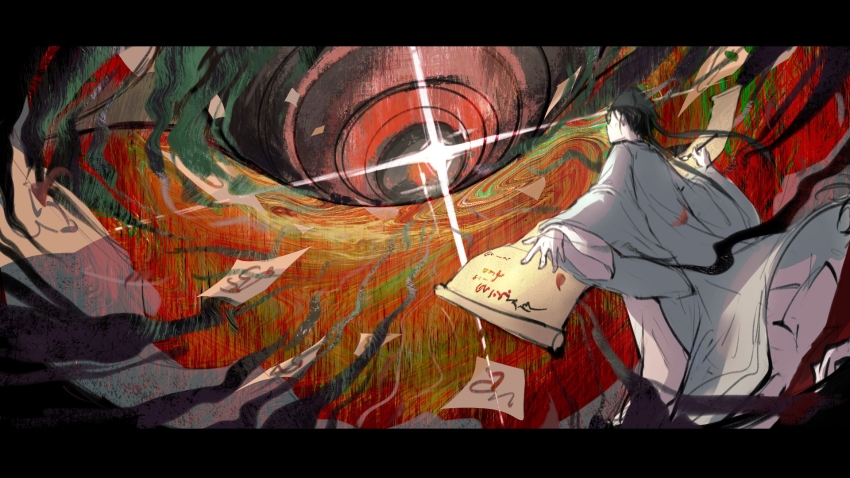 1boy, 1other, black_hair, black_hat, black_smoke, calligraphy_brush, chinese_clothes, chinese_commentary