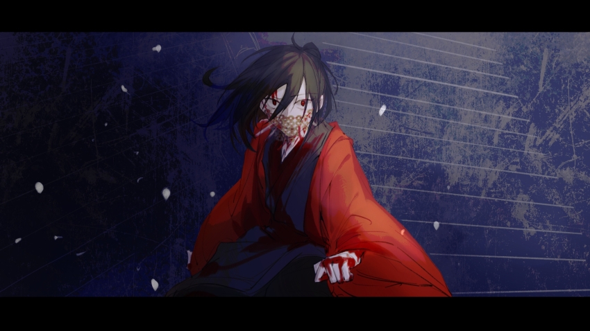 1boy, bandages, black_eyes, black_hair, black_hanfu, bleeding, blood, blood_on_clothes, blood_on_face, blood_on_hands, blood_on_neck, chinese_clothes, chinese_commentary, coat, dao_gui_yi_xian, fajiaoshao, falling_petals, hair_between_eyes, hair_bun, half_updo, hanfu, highres, injury, letterboxed, li_huowang, long_hair, long_sleeves, looking_at_viewer, male_focus, mask, open_clothes, open_coat, petals, red_coat, red_eyes, robe, single_hair_bun, solo, stairs, wide_sleeves