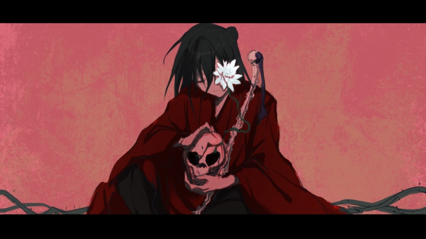 1boy, black_hair, black_hanfu, bone, chinese_clothes, chinese_commentary, closed_eyes, closed_mouth