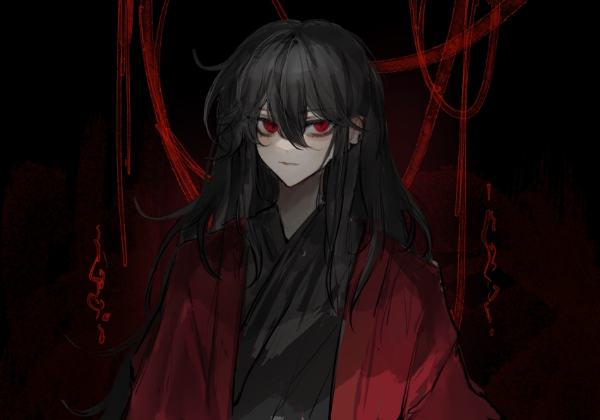 1boy, absurdres, bishounen, black_background, black_hair, black_hanfu, chinese_clothes, chinese_commentary