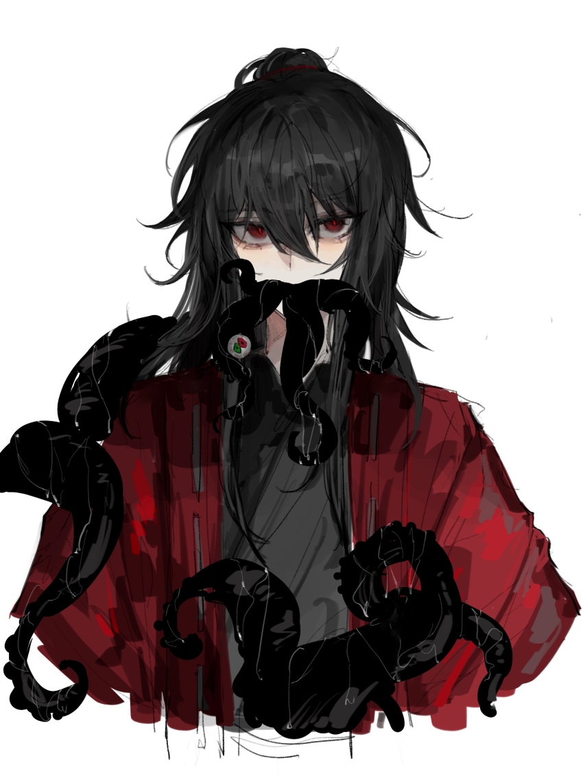 1boy, bags_under_eyes, black_hair, black_hanfu, chinese_clothes, chinese_commentary, closed_mouth, coat, covered_mouth, creature, cropped_torso, dao_gui_yi_xian, eyeball, eyelashes, hair_between_eyes, hair_bun, hanfu, highres, kklxsdskb, li_huowang, li_sui_(tentacles), long_hair, looking_at_viewer, male_focus, messy_hair, mouth_hold, open_clothes, open_coat, red_coat, red_eyes, simple_background, single_hair_bun, sketch, slime_(substance), solo, suction_cups, tentacle_in_mouth, tentacles, tentacles_on_male, upper_body, white_background