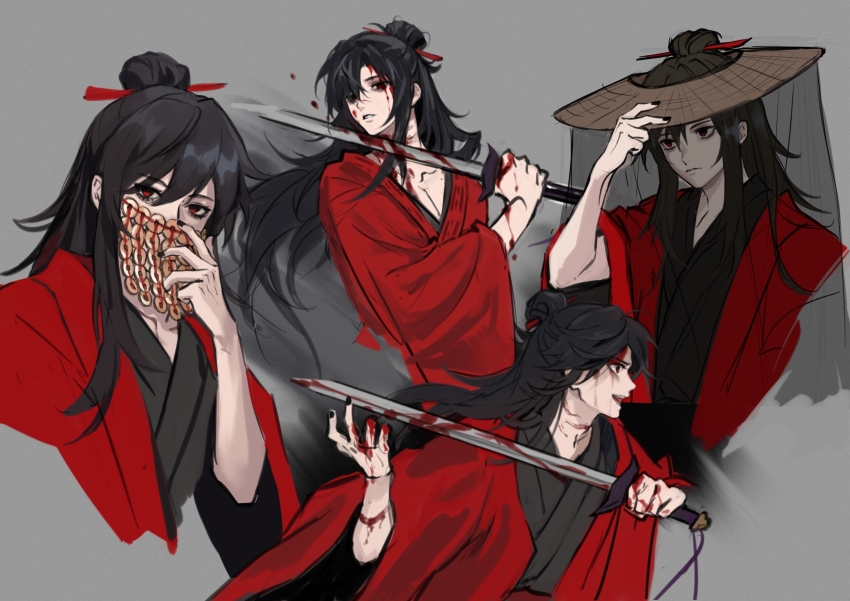 1boy, absurdres, ajirogasa, bags_under_eyes, black_hair, black_hanfu, black_nails, black_veil, bleeding, blood, blood_on_arm, blood_on_clothes, blood_on_face, blood_on_hands, blood_on_neck, bloody_weapon, chinese_clothes, chinese_commentary, closed_mouth, coat, coin, coin_mask, covered_mouth, cuts, dao_gui_yi_xian, eyelashes, grey_background, hair_bun, hair_ornament, hair_ribbon, hair_stick, half_updo, hand_on_headwear, hand_on_mask, hand_on_own_face, hand_up, hanfu, hat, highres, holding, holding_sword, holding_weapon, holed_coin, injury, jian_(weapon), li_huowang, long_hair, long_sleeves, looking_at_viewer, male_focus, mask, mouth_veil, multiple_views, nail_polish, open_clothes, open_coat, open_mouth, red_coat, red_eyes, ribbon, robe, self-harm, shi_shi_hane, sidelocks, simple_background, single_hair_bun, straw_hat, suicide, sword, sword_to_throat, upper_body, veil, weapon, weimao, wide_sleeves