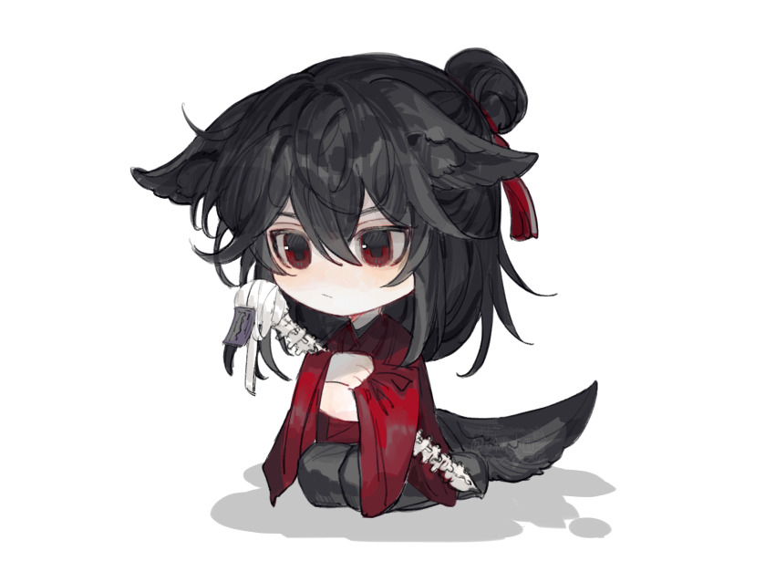 1boy, animal, animal_ear_fluff, animal_ears, bandaged_neck, bandages, black_hair, black_hanfu