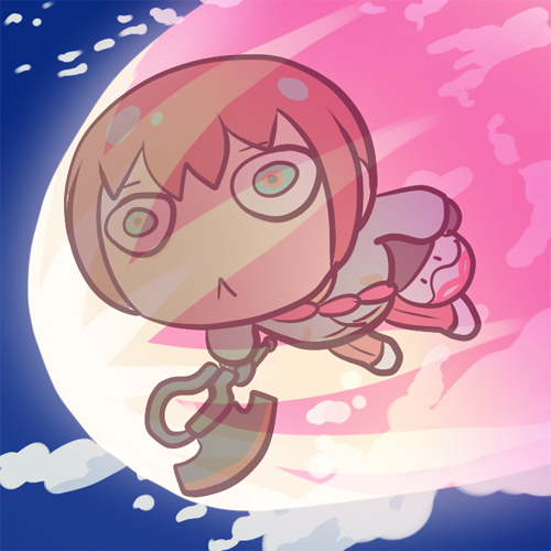 1girl, amate_yuzuriha, aqua_eyes, axe, bodysuit, burning, chibi, closed_mouth