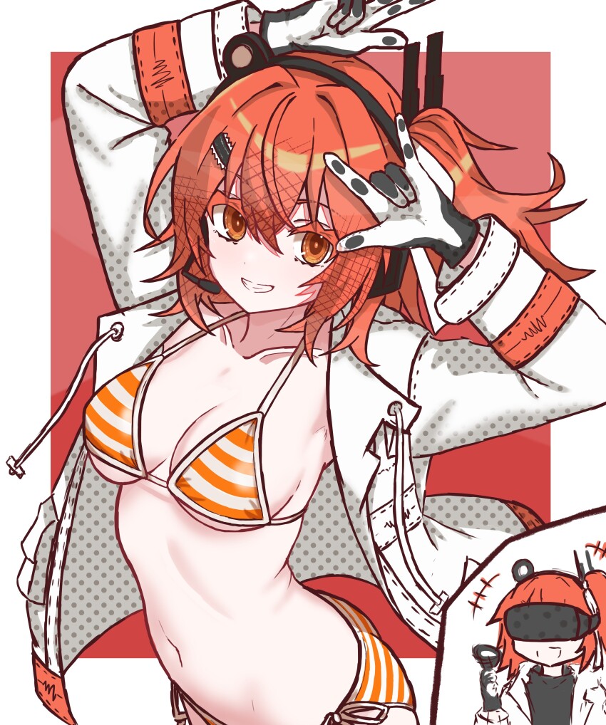 1girl, \m/, a.i._voice, absurdres, adachi_rei, arms_up, bikini, breasts