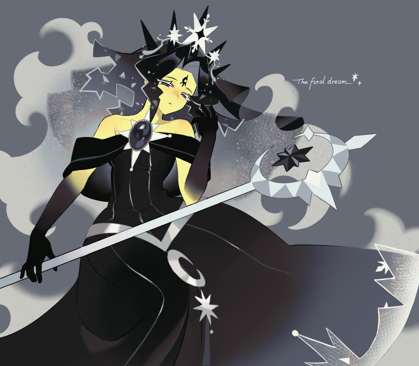 1girl, bare_shoulders, black_dress, black_eyes, black_hair, black_hands, black_tiara, black_veil, brooch, colored_extremities, cookie_run, cookie_run:_kingdom, curtained_hair, dress, facial_mark, forehead_mark, grey_background, half-closed_eyes, highres, holding, holding_staff, humanization, jewelry, long_dress, long_hair, looking_at_viewer, mage_staff, moonlight_cookie, moonlight_cookie_(the_final_dream), official_alternate_costume, official_alternate_eye_color, official_alternate_hair_color, official_alternate_hairstyle, parted_lips, shime52631, simple_background, solo, staff, tiara, veil, white_hair