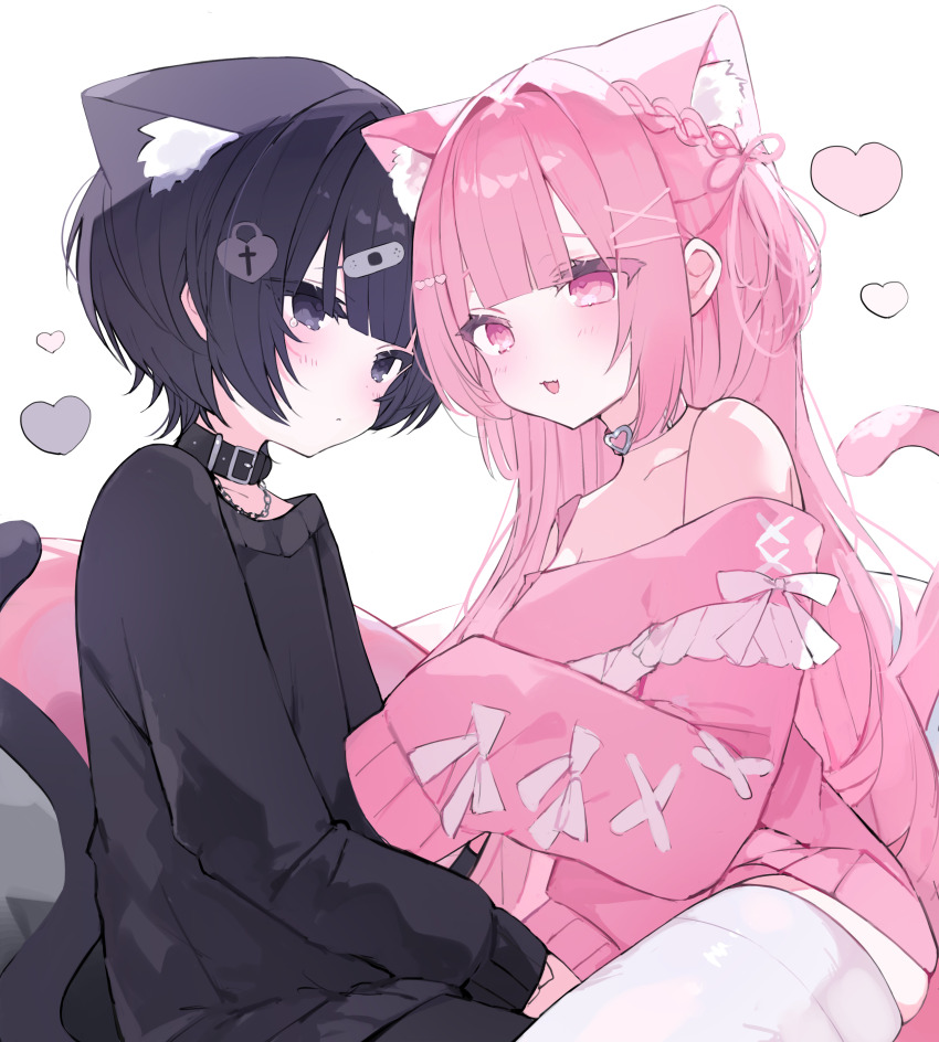 2girls, :3, absurdres, animal_collar, bandaid, bandaid_hair_ornament, between_legs, black_eyes, black_hair, black_sweater, blunt_bangs, blush, borrowed_character, breasts, cat_girl, closed_mouth, collar, commission, couple, cowboy_shot, dot_nose, fang, flat_chest, hair_ornament, hand_between_legs, heart, heart_hair_ornament, highres, lolita_fashion, long_hair, looking_at_another, medium_breasts, multiple_girls, namu_(x_xww), open_mouth, original, pillow, pink_eyes, pink_hair, pink_sweater, second-party_source, short_hair, simple_background, sitting, skeb_commission, skin_fang, sleeves_past_fingers, sleeves_past_wrists, sweater, tearing_up, thighhighs, white_background, white_thighhighs, yuri