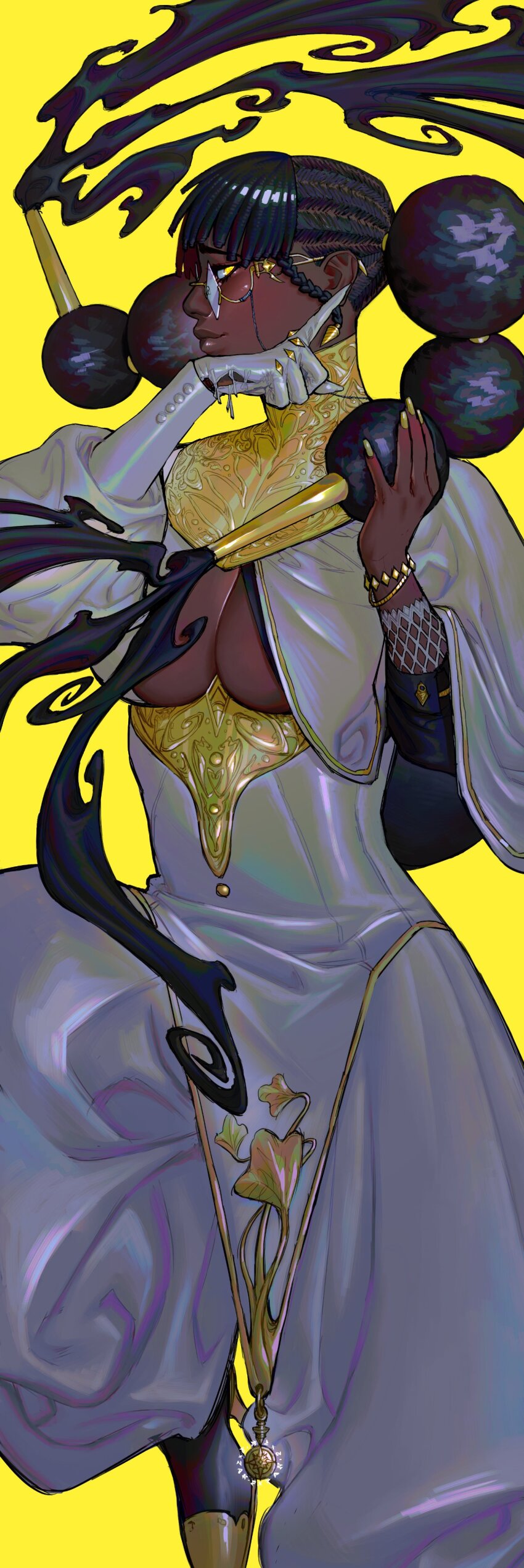 1girl, absurdres, afro_puffs, baggy_pants, bracelet, braid, breasts, cleavage, cleavage_cutout, clothing_cutout, dark-skinned_female, dark_skin, desscaras, diamond_eyewear, fingernails, floating_hair, from_side, full_body, furrowed_brow, glasses, gloves, gold, gold_bracelet, hair_bun, hair_lift, hair_ornament, hair_tubes, hands_up, high_collar, highres, holding, holding_own_hair, index_finger_raised, jewelry, jumpsuit, large_breasts, light_smile, long_fingernails, long_sleeves, looking_at_viewer, madan_no_ichi, metal_hair_tubes, multi-tied_hair, multiple_bracelets, nail_polish, pants, pentacle, profile, puffy_long_sleeves, puffy_sleeves, pxtakart, side_braid, sideways_glance, simple_background, single_glove, solo, very_dark_skin, white_gloves, white_jumpsuit, yellow_background, yellow_eyes, yellow_nails