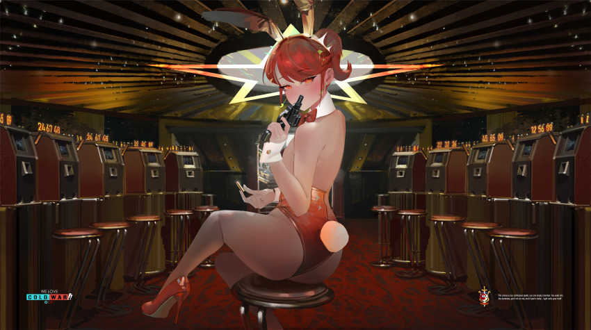1girl, absurdres, animal_ears, casino, gambling, guest_art, gun, handgun