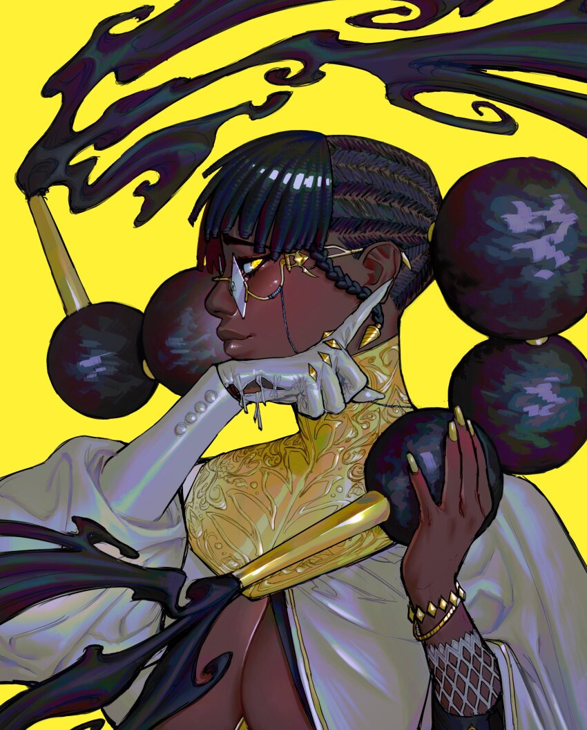 1girl, absurdres, afro_puffs, bracelet, braid, breasts, cleavage, cleavage_cutout, clothing_cutout, dark-skinned_female, dark_skin, desscaras, diamond_eyewear, fingernails, floating_hair, from_side, furrowed_brow, glasses, gloves, gold, gold_bracelet, hair_bun, hair_lift, hair_ornament, hair_tubes, hands_up, high_collar, highres, holding, holding_own_hair, index_finger_raised, jewelry, jumpsuit, large_breasts, light_smile, long_fingernails, long_sleeves, looking_at_viewer, madan_no_ichi, metal_hair_tubes, multi-tied_hair, multiple_bracelets, nail_polish, profile, puffy_long_sleeves, puffy_sleeves, pxtakart, side_braid, sideways_glance, simple_background, single_glove, solo, studded_gloves, studs, upper_body, very_dark_skin, white_gloves, white_jumpsuit, yellow_background, yellow_eyes, yellow_nails