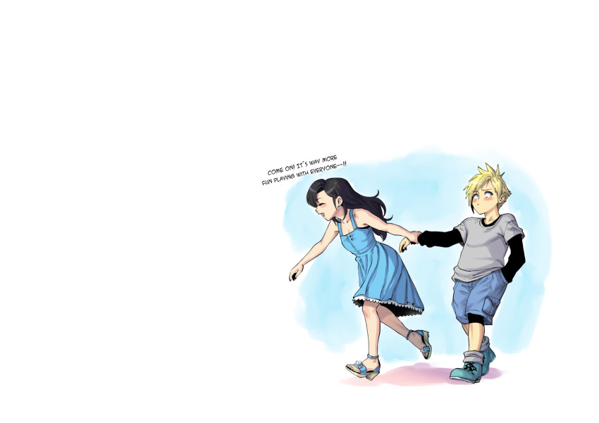 1boy, 1girl, aarokira, aged_down, averting_eyes, black_hair, black_shirt, blue_dress