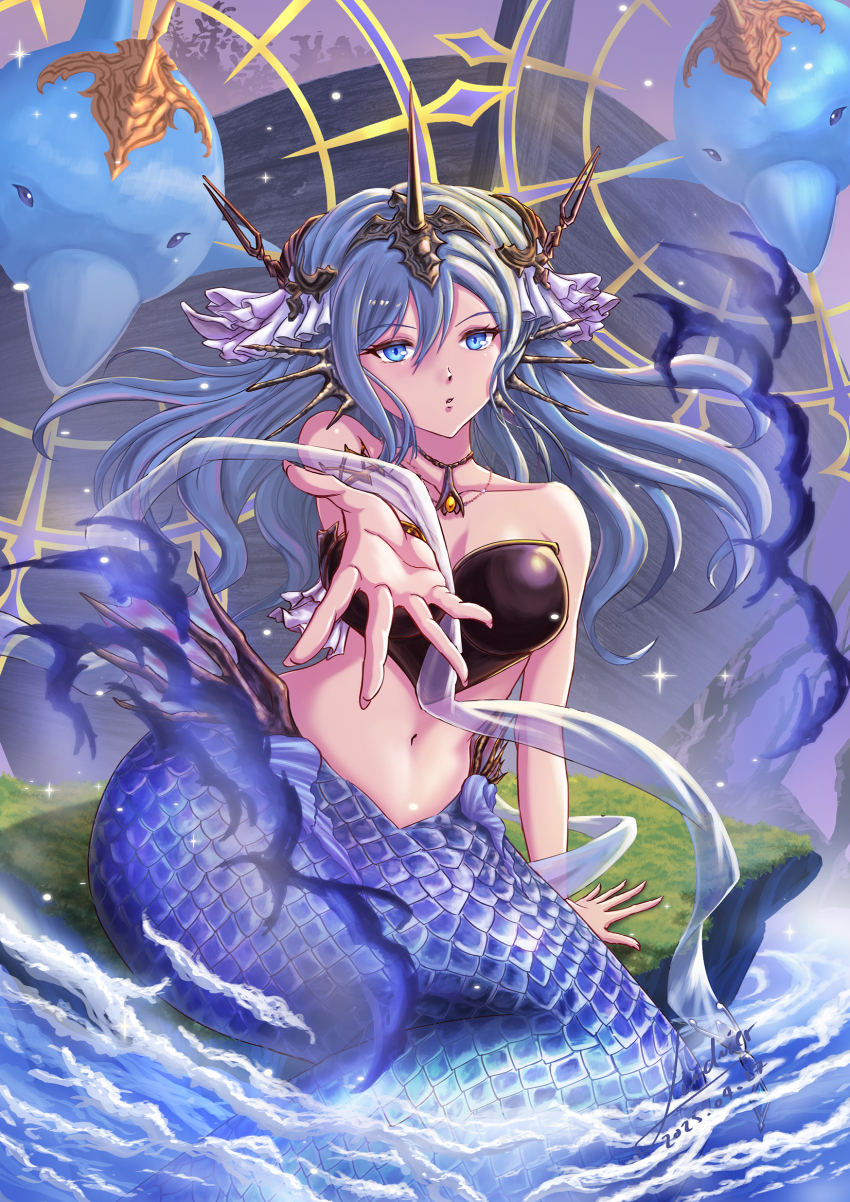 1girl, absurdres, arm_support, bare_shoulders, black_bra, blue_eyes, blue_hair, bra