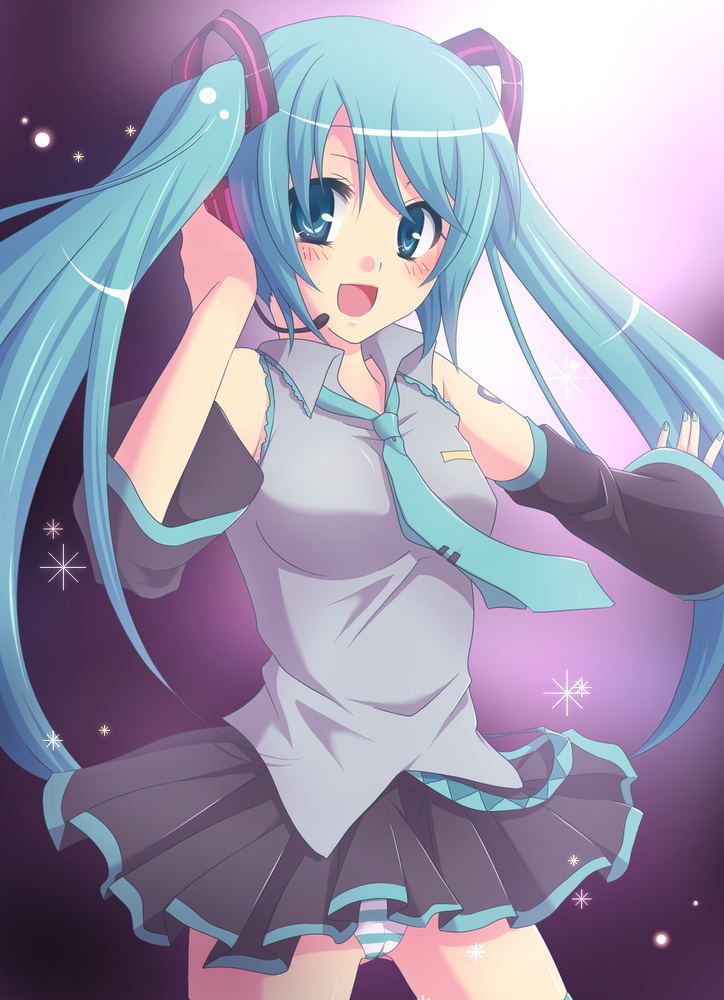 1girl, aqua_eyes, aqua_hair, bad_id, bad_pixiv_id, bare_shoulders, breasts, detached_sleeves, female_focus, gradient_background, hatsune_miku, headset, medium_breasts, miki_souya, necktie, open_mouth, panties, pantyshot, pleated_skirt, skirt, smile, solo, striped_clothes, striped_panties, twintails, underwear, vocaloid