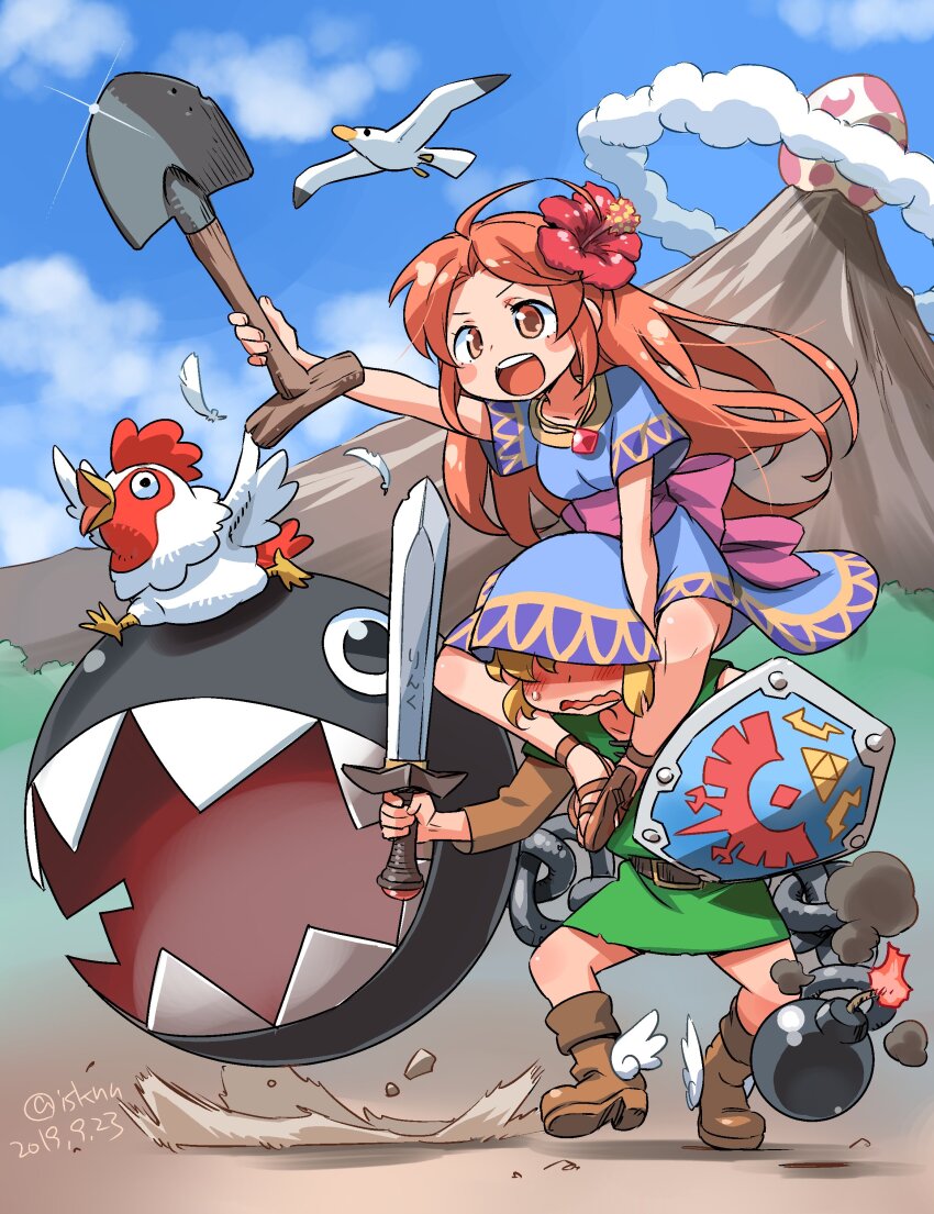 1boy, 1girl, absurdres, arm_up, belt, belt_buckle, bird, black_eyes