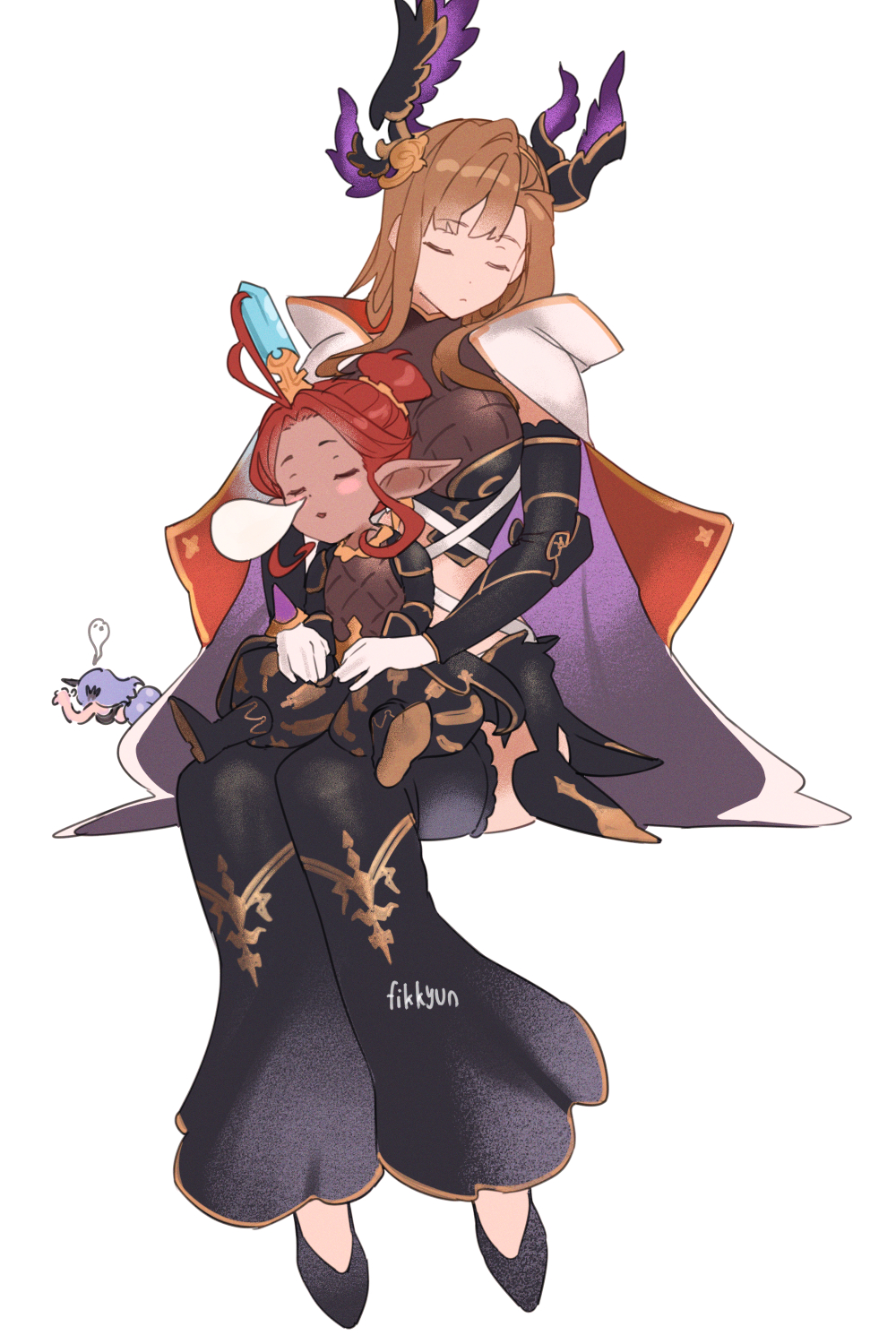 2girls, artist_name, baggy_pants, black_shoes, boots, brown_hair, cape, closed_eyes