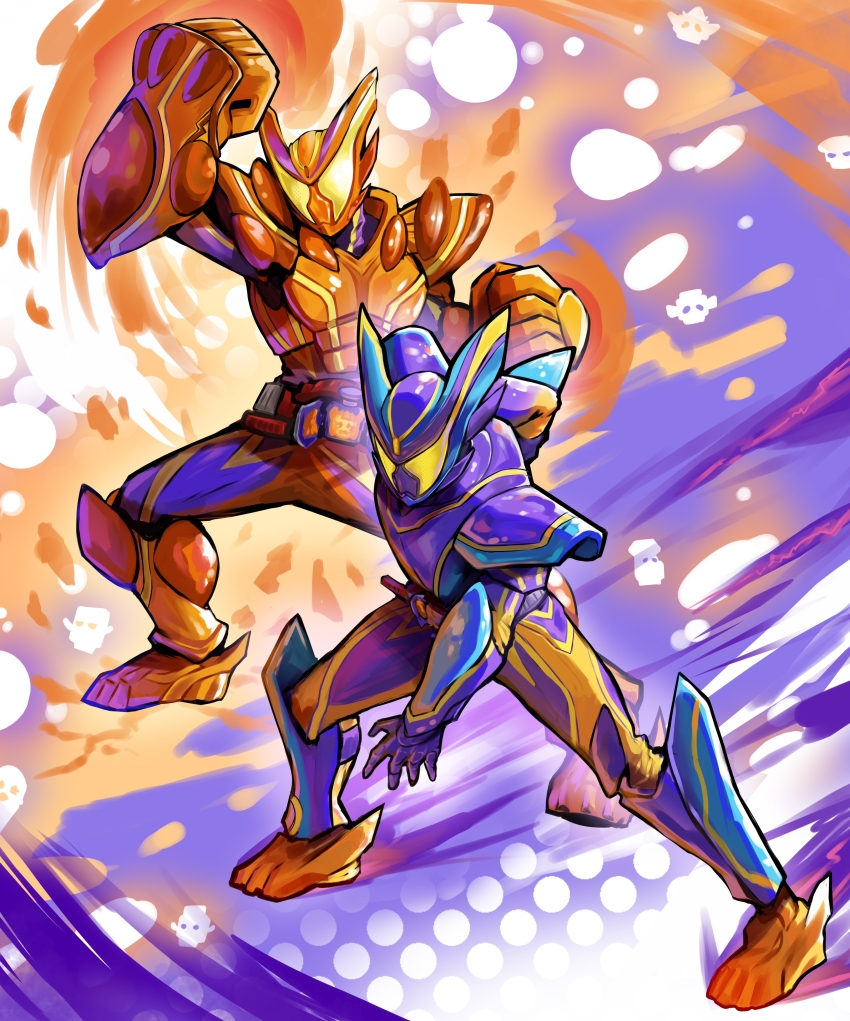 absurdres, clenched_hands, dual_persona, gochizo, henshin_belt_gavv, highres, kamen_rider, kamen_rider_gavv, kamen_rider_gavv_(series), kamen_rider_gavv_master_mode, kamen_rider_gavv_over_mode, male_focus, polka_dot, polka_dot_background, power_fist, tokusatsu, two-tone_background, unique_(pixiv12704744), uppercut