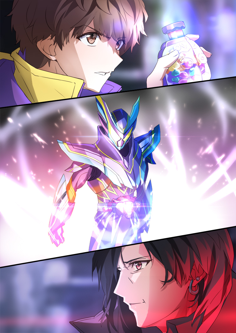 2boys, black_hair, brown_eyes, brown_hair, earrings, gochipod, henshin, hood