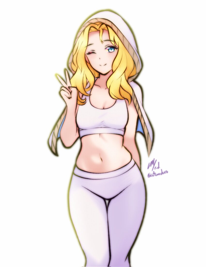 1girl, ;), arm_up, blonde_hair, blue_eyes, breasts, capelet, cleavage