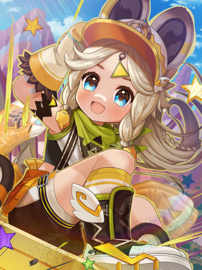 1girl, adjusting_clothes, adjusting_headwear, animal_ears, arm_up, baseball_cap, blonde_hair, blue_eyes