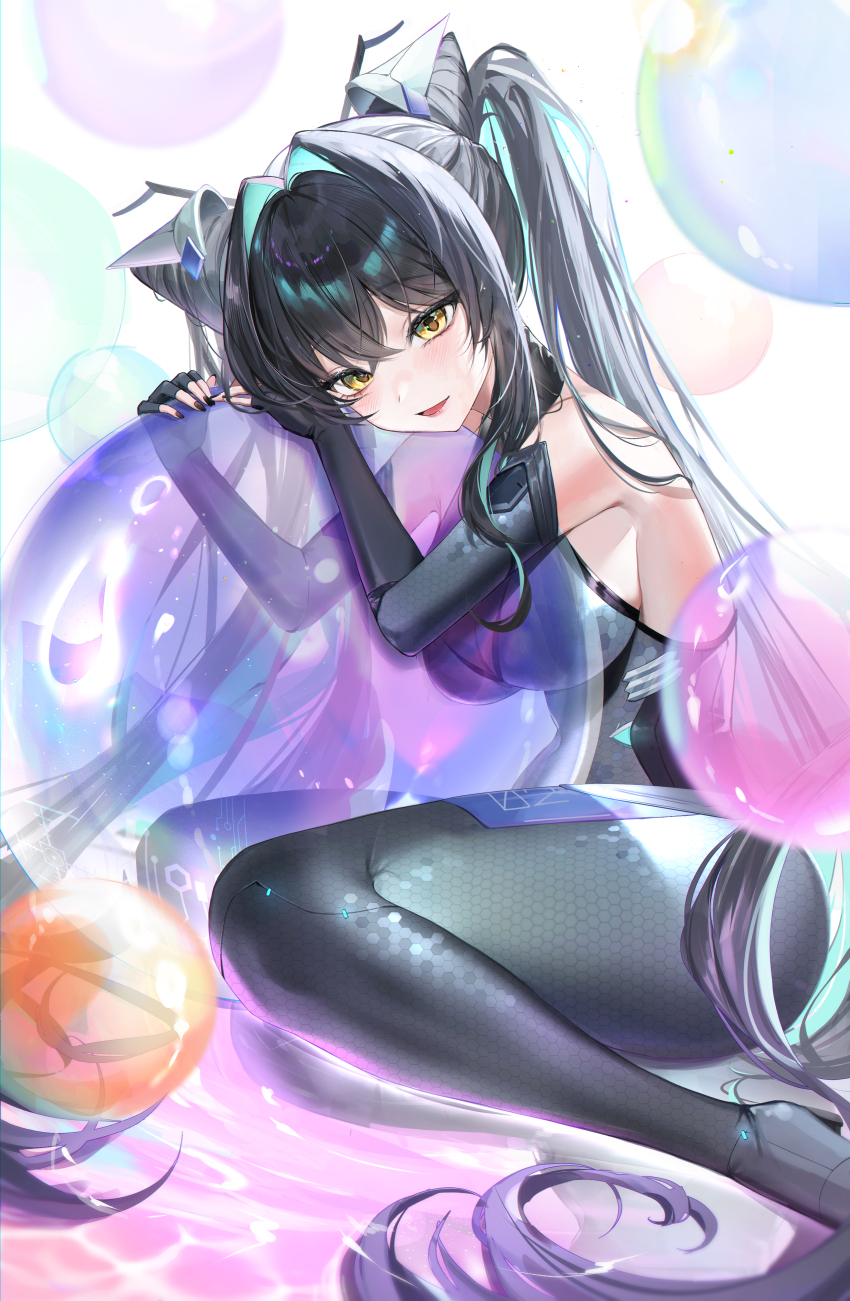 1girl, absurdres, aqua_hair, black_bodysuit, black_hair, bodysuit, breasts, bubble