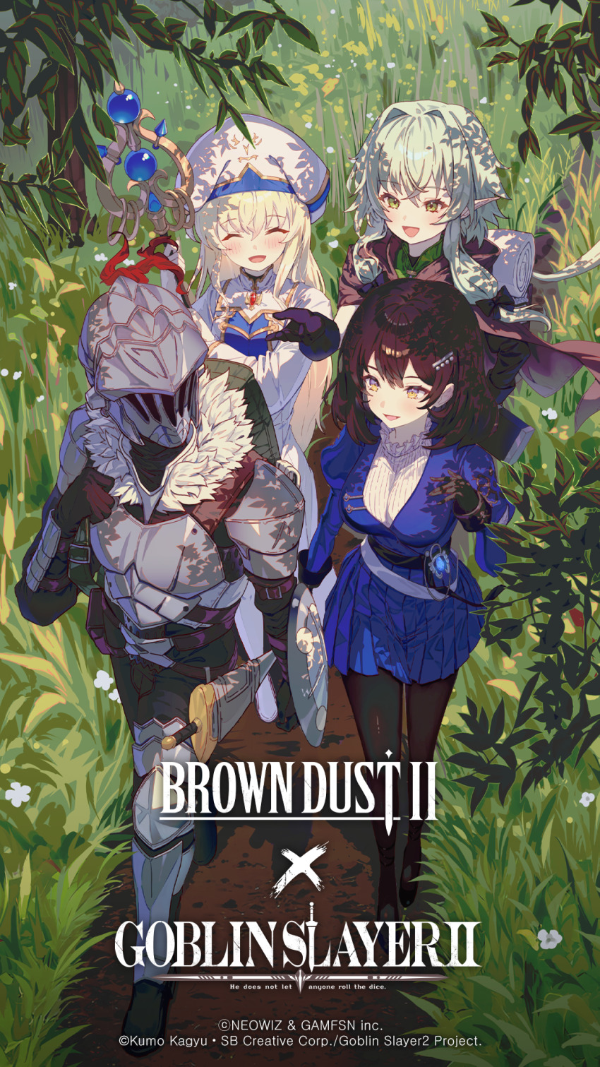 1boy, 3girls, armor, backpack, bag, black_hair, black_thighhighs, blonde_hair