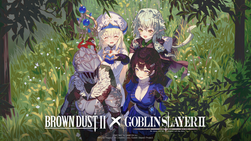 1boy, 3girls, absurdres, armor, backpack, bag, black_hair, blonde_hair