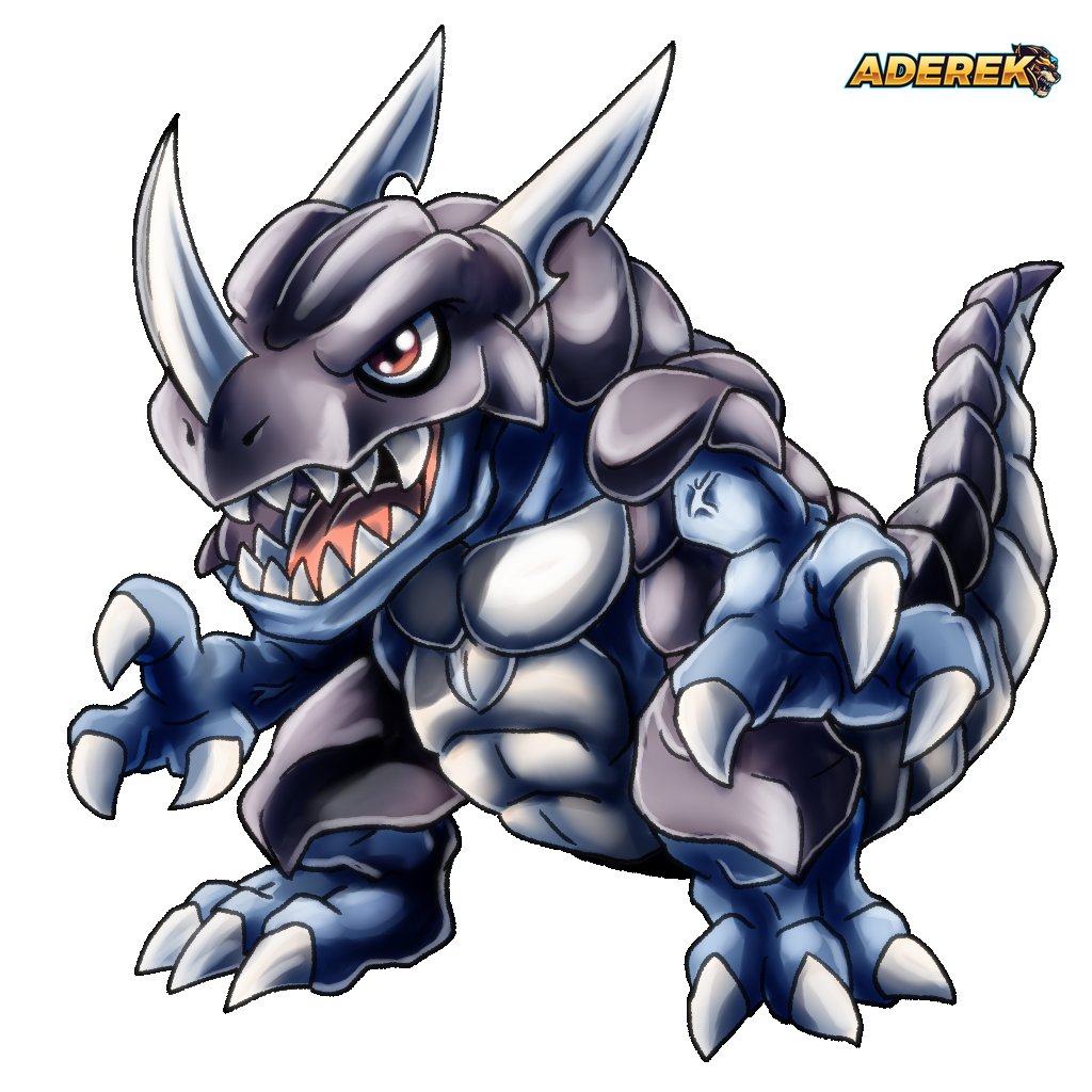 aderek, c'mon_digimon:_the_capering_monster_bun, greymon, horns, muscular, open_mouth, red_eyes, sharp_teeth