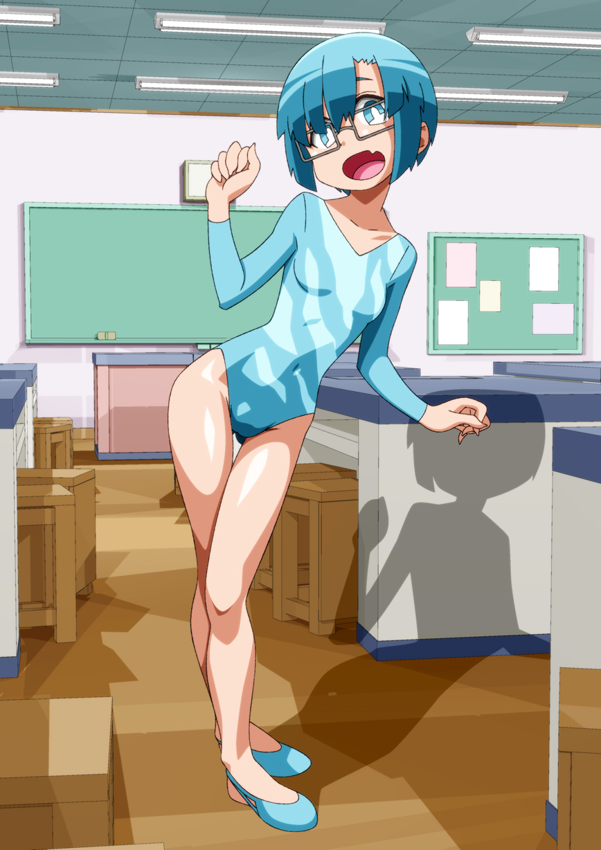 1girl, blue_eyes, blue_hair, blue_leotard, blue_shoes, breasts, bright_pupils, carinae