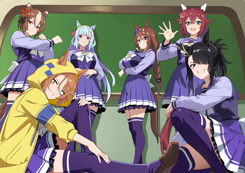 6+girls, absurdres, animal_ears, arm_under_breasts, black_hair, blacky_ale_(umamusume), blue_hair, breasts