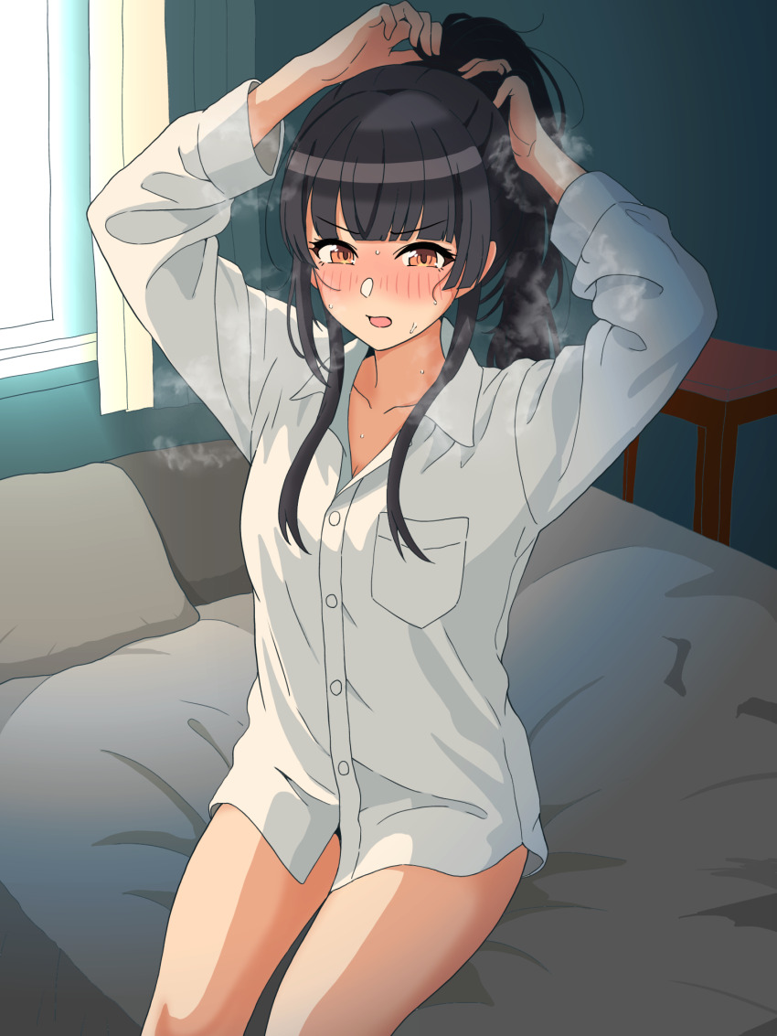 1girl, :o, arms_up, black_hair, blunt_bangs, blush, borrowed_clothes, commentary_request