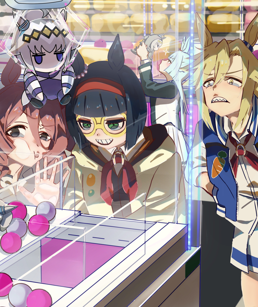 4girls, absurdres, animal_ears, asymmetrical_bangs, black_eyes, black_hair, blonde_hair, blue_jacket