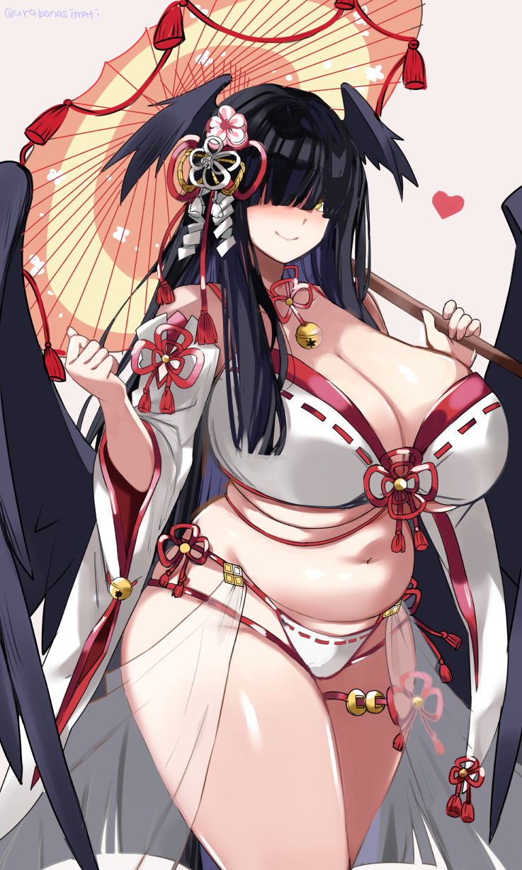 1girl, bell, bikini, black_hair, blunt_bangs, bombergirl, breasts, cleavage, covered_eyes, cowboy_shot, detached_sleeves, hair_ornament, hair_over_eyes, head_wings, heart, highres, hiiro_(bombergirl), huge_breasts, long_hair, looking_at_viewer, navel, nontraditional_miko, plump, simple_background, smile, solo, swimsuit, thick_thighs, thigh_strap, thighs, umbrella, underboob, urabanasimati, white_background, wings, yellow_eyes